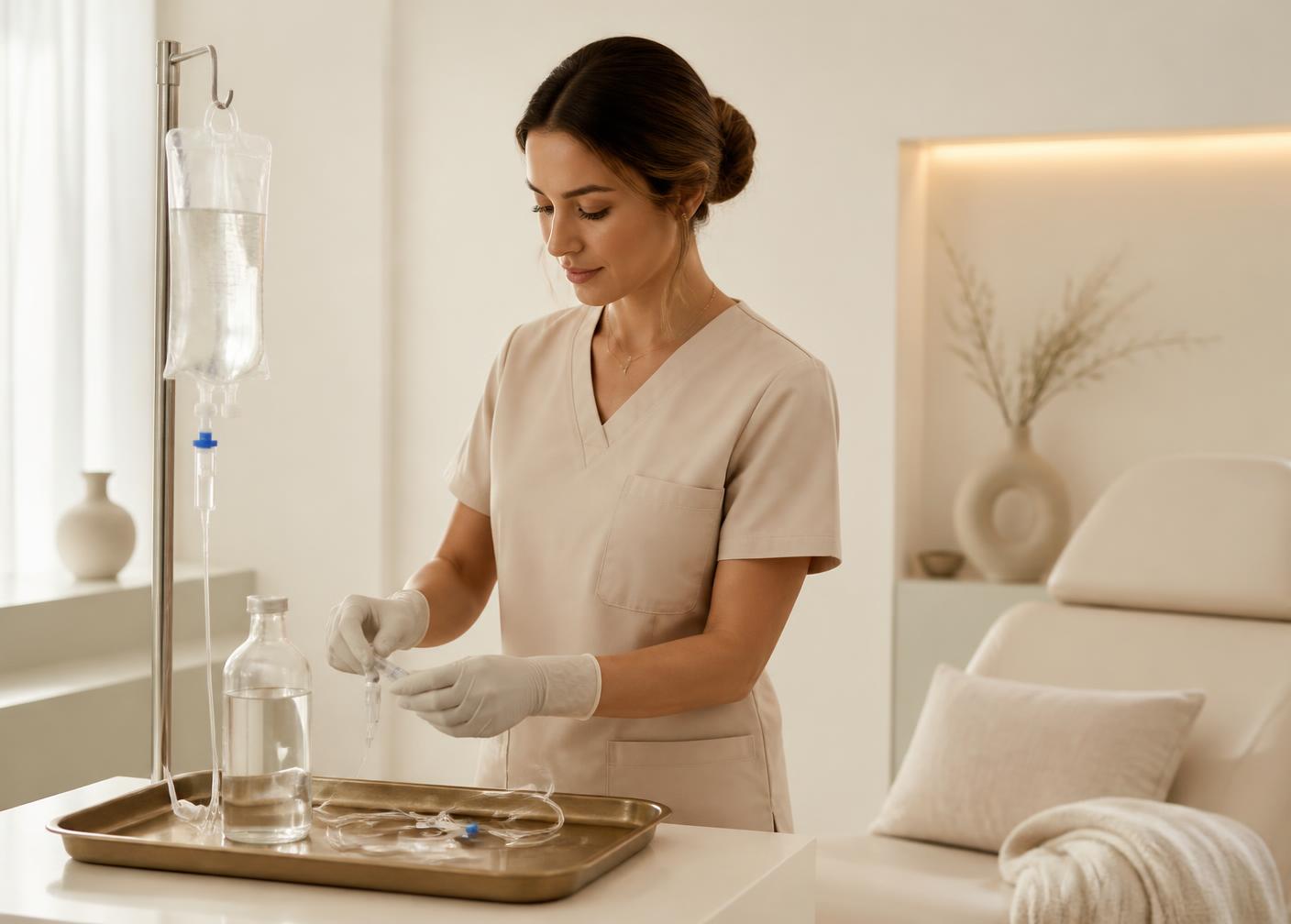 Registered nurse preparing a sterile Ageless IV nutrient infusion tray in a warm Hyderabad clinic room