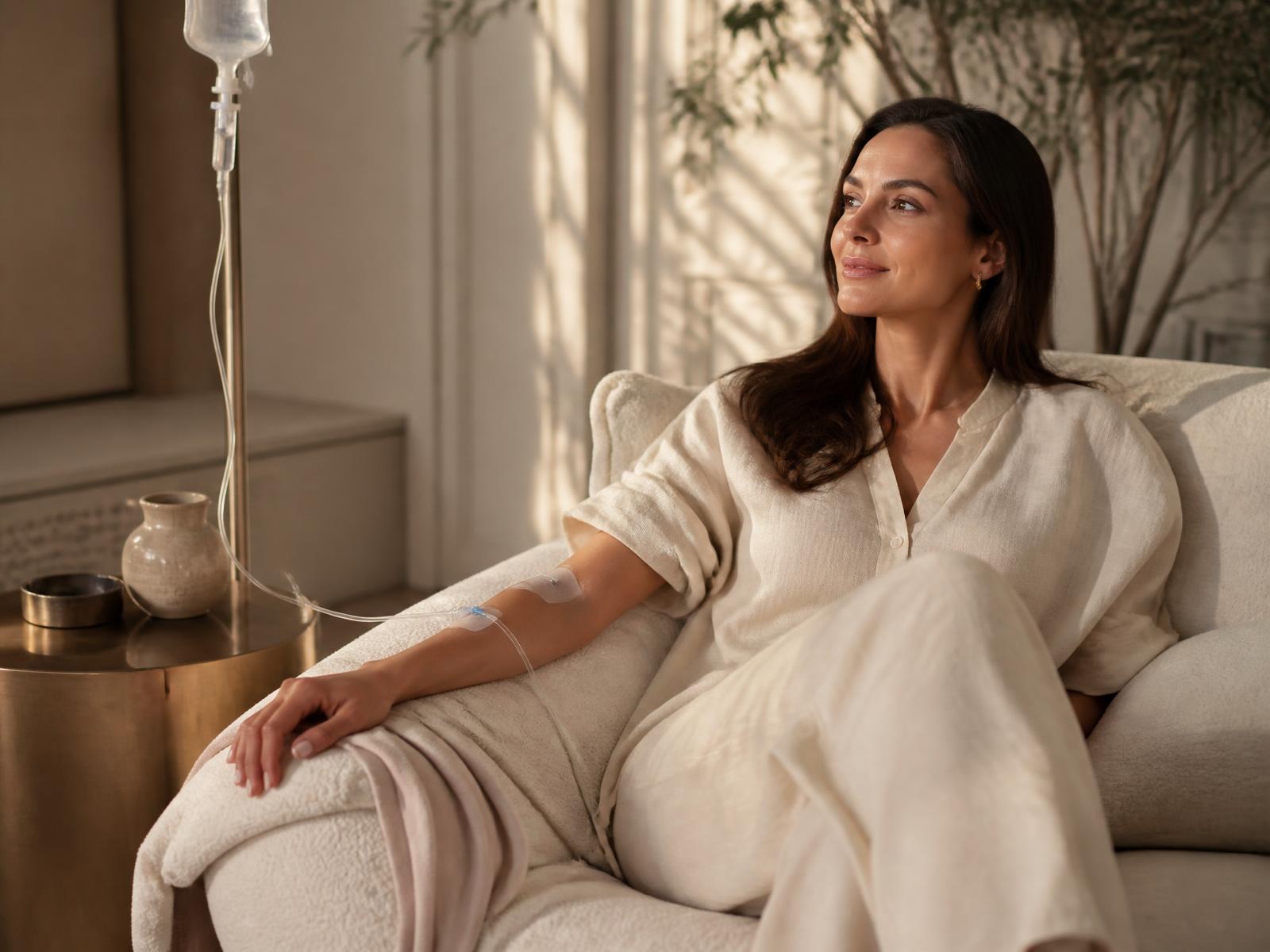 A woman receiving a doctor-supervised Ageless IV nutrient infusion at home in Hyderabad