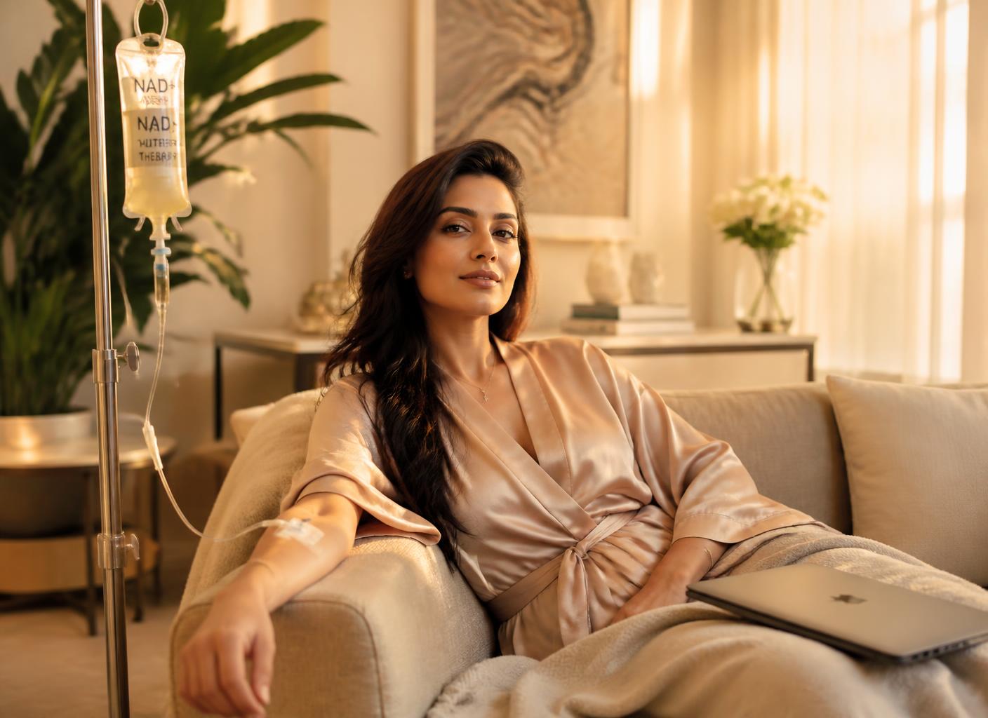 A client resting during an at-home Ageless IV session in Hyderabad