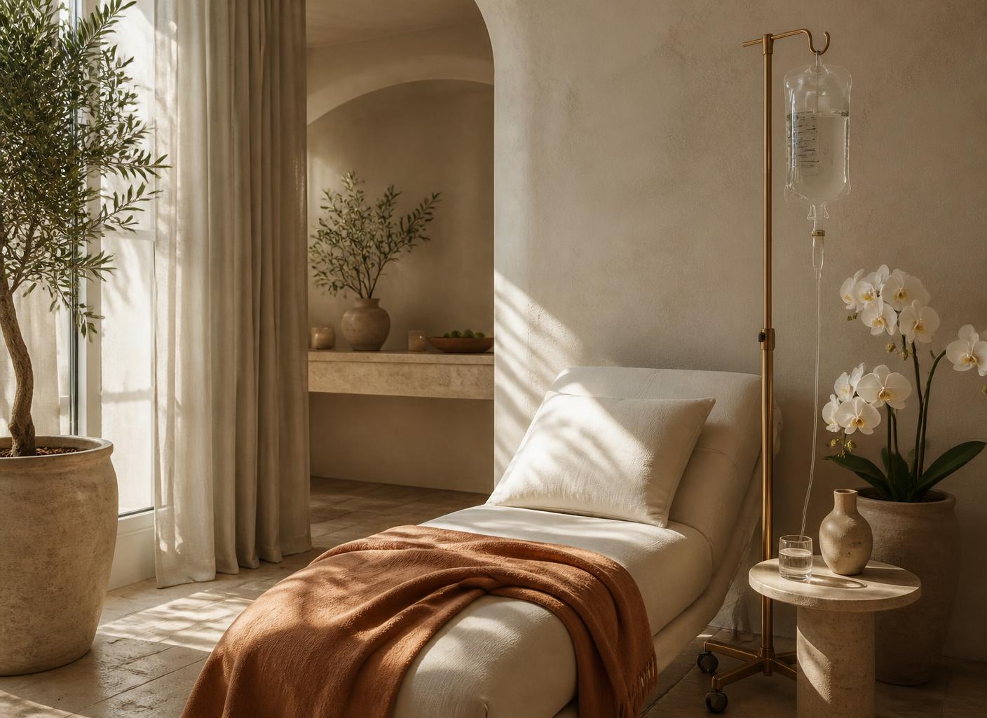 Calm treatment lounge prepared for an infusion session