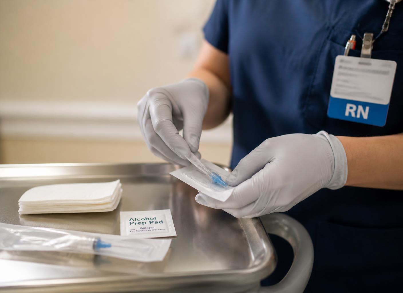 Registered nurse preparing a sterile single-use infusion line